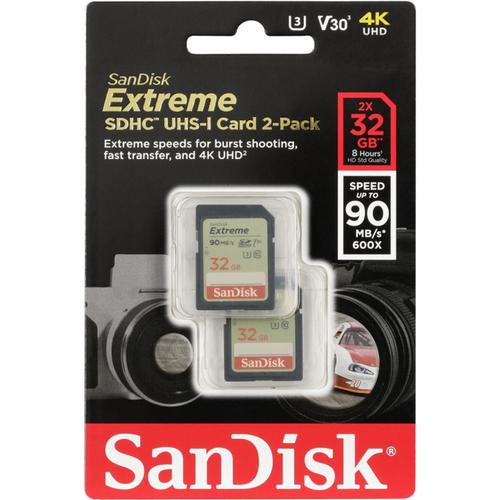 SanDisk 32GB Extreme V30 SD Card (SDHC) UHS-I U3 - 90MB/s - 2 Pack