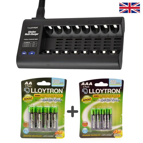 Lloytron Slimline Battery Charger + 4 x AA (1300mAh) & 4 x AAA (900mAh) Batteries