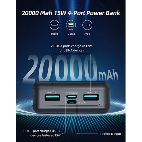 RAVPower 20000mAh 15W 4 Port USB-C Power Bank - Black £21.99