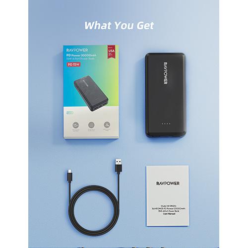 RAVPower 20000mAh 15W 4 Port USB-C Power Bank - Black