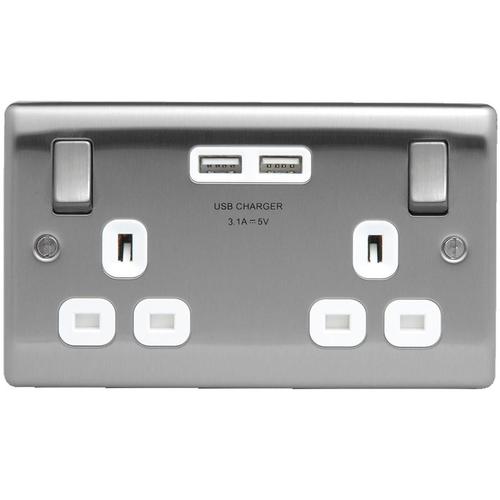 British General Nexus Brushed Stainless Steel Switched Double Socket + 2 x USB Port - White Insert