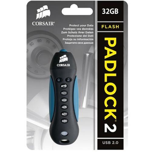 Corsair 32GB Flash Padlock 2 USB 2.0 Flash Drive - Black/Blue - Manufacturer Refurbished