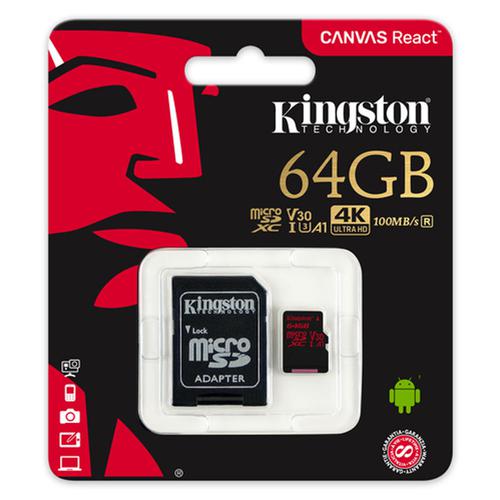 Kingston 64GB Canvas React Micro SD Card (SDXC) UHS-I U3 V30 + Adapter - 100MB/s