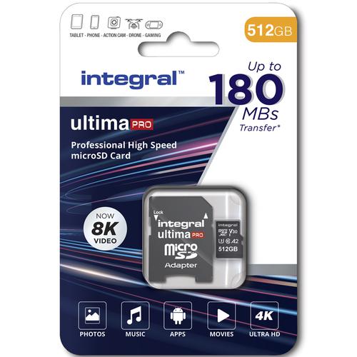 Integral 512GB UltimaPRO A2 V30 High Speed microSD Card (SDXC) UHS-I U3 + Adapter - 180MB/s