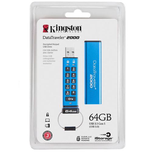Kingston 64GB DataTraveler 2000 Encrypted Keypad USB 3.1 Flash Drive - 135MB/s