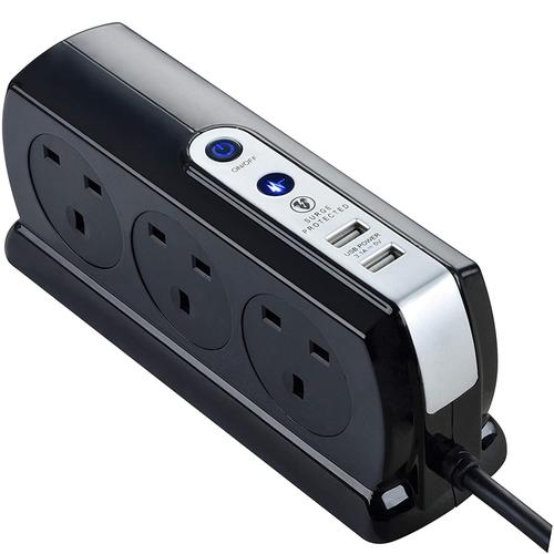 Masterplug 6 Socket 2M Surge Protected 2x USB Extension Lead - Gloss Black