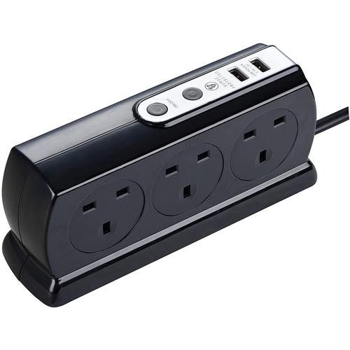 Masterplug 6 Socket 2M Surge Protected 2x USB Extension Lead - Gloss Black