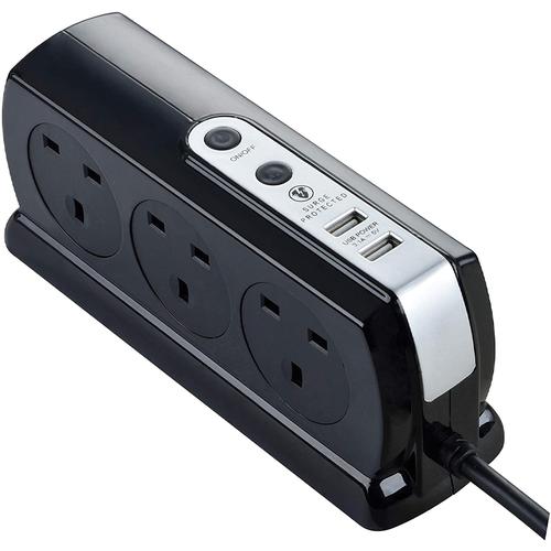 Masterplug 6 Socket 2M Surge Protected 2x USB Extension Lead - Gloss Black