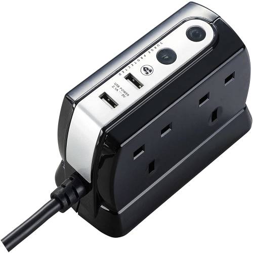 Masterplug Heavy Duty 4 Socket Surge Protected Extension Lead with 2 USB Ports, 2 Metre, Black