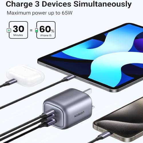 Ugreen Nexode 65W Foldable GaN Wall Charger 3-Ports