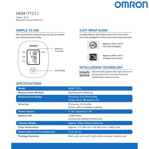 Omron HEM-7121 Blood Pressure Monitor Fully Automatic Digital Aa