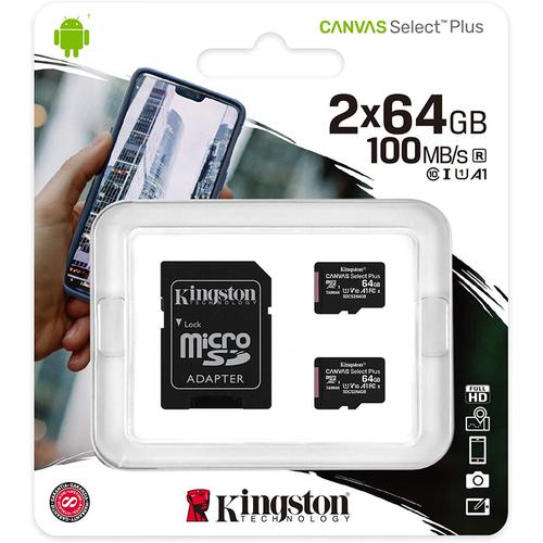 Kingston 64GB Canvas Select Plus microSD Card (SDXC) A1 C10 + SD Adapter 2 Pack - 100MB/s