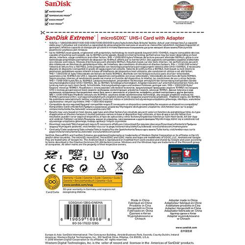 SanDisk 128GB Extreme A2 V30 Micro SD Card (SDXC) UHS-I U3 + Adapter- 160MB/s