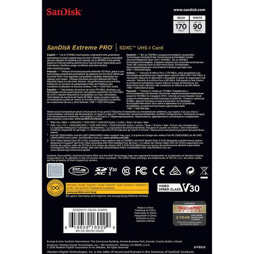 SanDisk Extreme PRO 64 SDXC) UHS-I U3 - 170MB/s