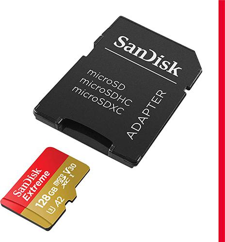 SanDisk 128GB Extreme A2 V30 microSD  Card (SDXC) UHS-I U3 + Adapter- 190MB/s