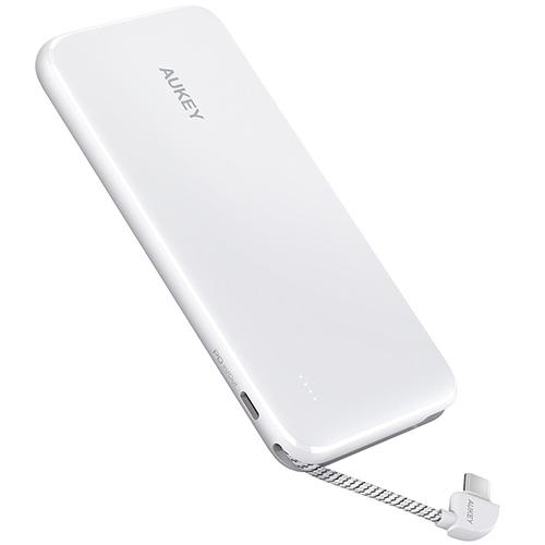 AUKEY PB-N73C 10000mAh 18W PD 2-Port Portable Charger with Built-In USB-C Cable - White