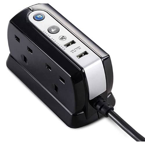 Masterplug Heavy Duty 4 Socket Surge Protected Extension Lead with 2 USB Ports, 2 Metre, Black
