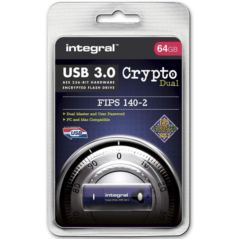 Integral 64GB Crypto Dual FIPS 140-2 Encrypted USB 3.0 Flash Drive - 145MB/s