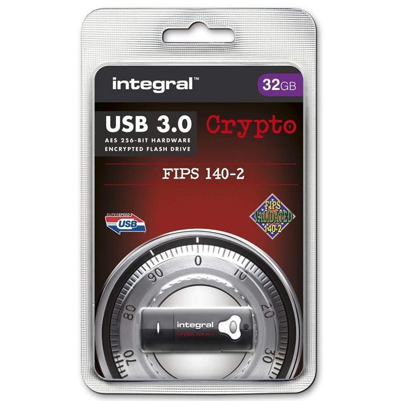 Integral 32GB Crypto FIPS 140-2 Encrypted USB 3.0 Flash Drive - 145MB/s